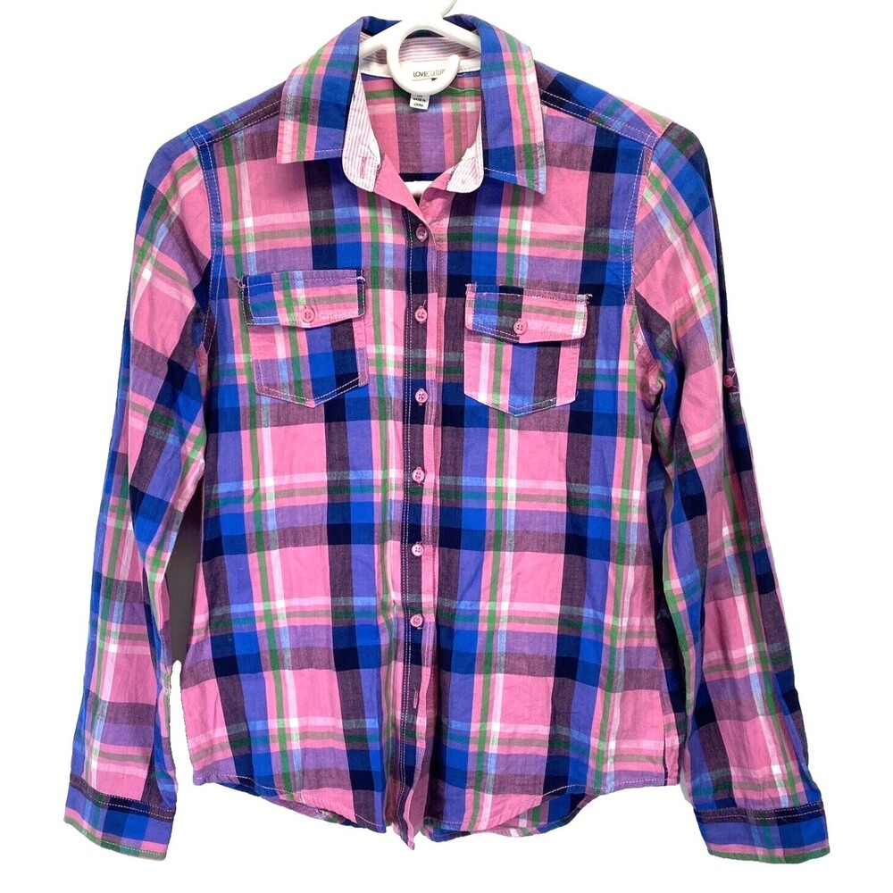 Love Culture Women's Size Medium Pink Plaid Button Up Long Sleeve Cotton Top